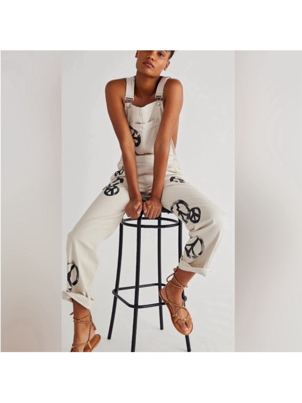 We The Free Cream Overalls with Black Peace Sign Print